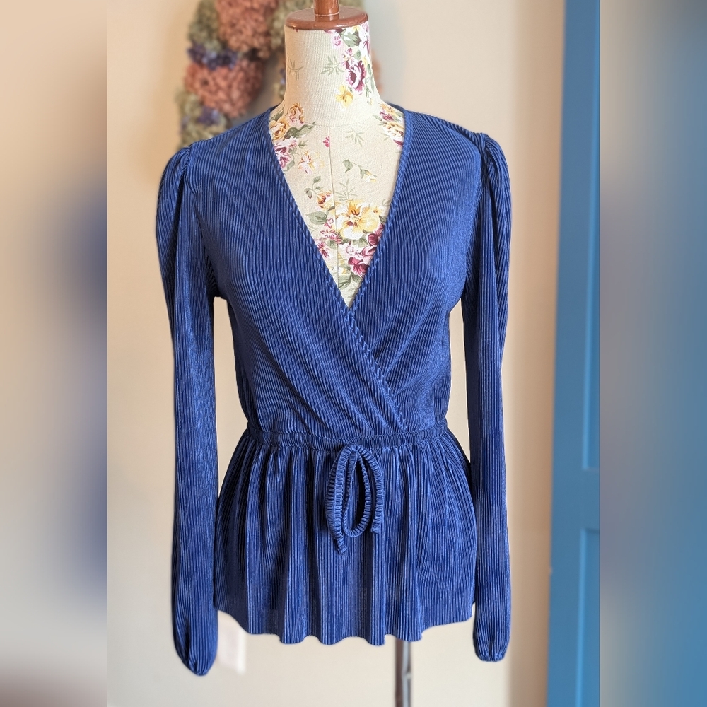 Le Chateau Deep Blue Ribbed Wrap Blouse‎ - 0003